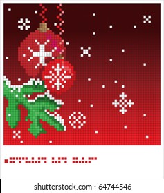 Christmas Card of the pixels, represents a branch tree and two balls