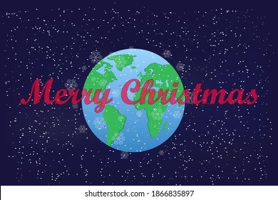 Christmas card, planet on a dark background in snowflakes, greetings, festive mood vector
