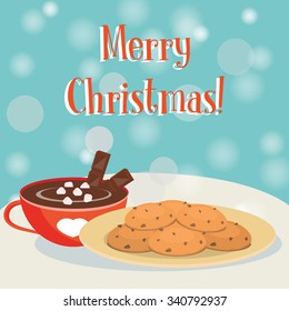 Christmas Card. Plate Of Cookies And Red Mug Of Hot Chocolate. Vector Illustration Flat Design