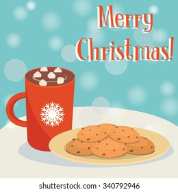 Christmas Card. Plate Of Cookies And Red Mug Of Hot Chocolate. Vector Illustration Flat Design