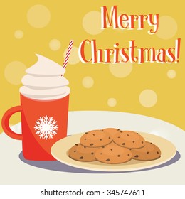 Christmas Card. Plate Of Cookies And Red Mug Of Hot Chocolate With Cream. Vector Illustration Flat Design