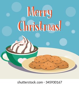 Christmas Card. Plate Of Cookies And Red Mug Of Hot Cho?olate With Cream. Vector Illustration Flat Design