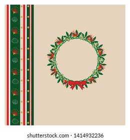 Christmas card with Pohutukawa flowers wreath  