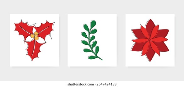 Cartão de Natal - flor de poinsettia e baga de azevinho. Arte moderna, contorno estético. Elemento de Natal para cartão de saudação, impressões, cartaz, adesivo, banner, convites.