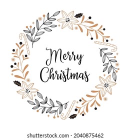 Christmas card with poinsettia flowers, candy cane, branches, berries and leaves on a white background. Round wreath in black and gold, doodle style.