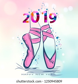 Christmas card with pointe shoes. Happy New 2019 Year. Vector illustration for Christmas holydays.