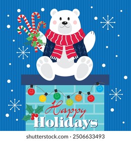 Christmas card with polar bear and candy cane