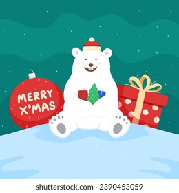 Christmas card with polar bear, Merry Christmas and New Year