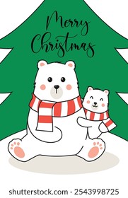 Christmas card with polar bear and merry Christmas text. Christmas winter background with Christmas animals. 