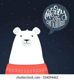 Christmas card with a polar bear. Merry Christmas hand lettering. Vector illustration 