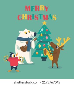 Christmas card with polar bear, penguin, deer playing music. Vector illustration. 