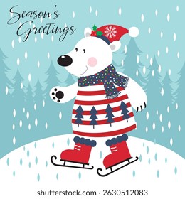Christmas card with polar bear skating