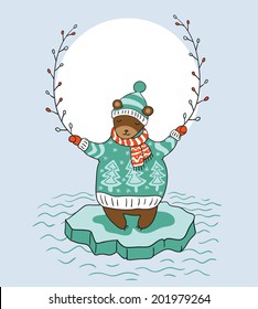 Christmas card with polar bear with speech bubble (vector)