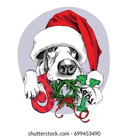 Christmas card. Portrait of a Basset Hound in a Santa's cap with a fir wreath and a letters. Vector illustration.