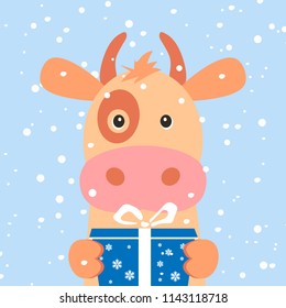 Christmas card. Portrait of cow with gift box, snowflake. Funny cartoon face of a cow. Vector illustration, Happy New Year 2019