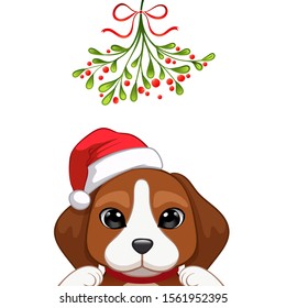 Christmas card Portrait of cute dog character design in Santa's cap under the mistletoe vector illustration