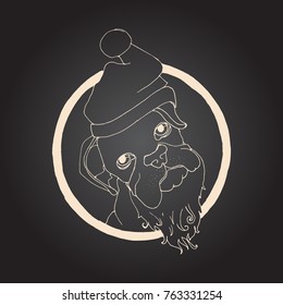Christmas card. Portrait of dog in Santa cap. Hand drawn vector illustration.