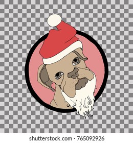 Christmas card. Portrait of dog in Santa cap. Hand drawn vector illustration.