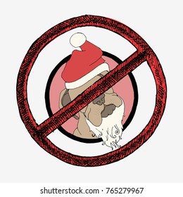 Christmas card. Portrait of dog in Santa cap. Hand drawn vector illustration.