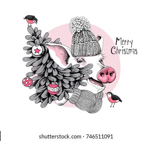 Christmas card. Portrait of the Pig in a knitted hat, mittens and with a fir-tree on a pink background. Vector illustration.