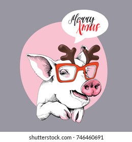 Christmas card. Portrait of the Pig in a Santa's deer mask on a pink background. Vector illustration.