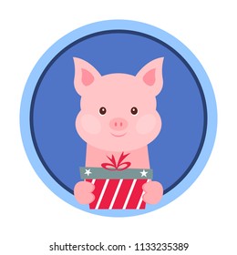 Christmas card. Portrait of pink pig with gift box. Funny cartoon face of a pig. Vector illustration, Happy New Year 2019
