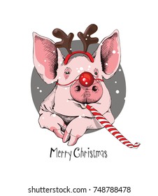 Christmas card. Portrait of the pink Pig in a Santa's deer mask and with a red funny party whistle blowing on a gray background. Vector illustration. 