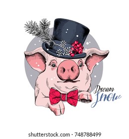 Christmas card. Portrait of the pink Pig in a Snowman top hat and in a bow tie. Vector illustration.