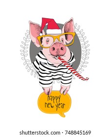 Christmas card. Portrait of the pink Pig in a red Santa's cap, striped cardigan, yellow glasses and with a funny party whistle blowing on a gray background. Vector illustration.