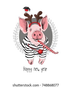 Christmas card. Portrait of the pink Pig in a striped cardigan, Santa's deer mask and with a red funny party whistle blowing on a gray background. Vector illustration.