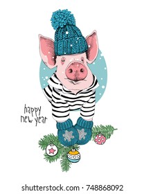 Christmas card. Portrait of the pink Pig in a striped cardigan, knitted cap, mittens and with a green fir branch. Vector illustration.