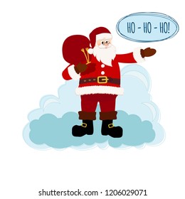 Christmas card, postcard or banner design with Santa Claus and bag on light blue background and snow. Vector illustration.