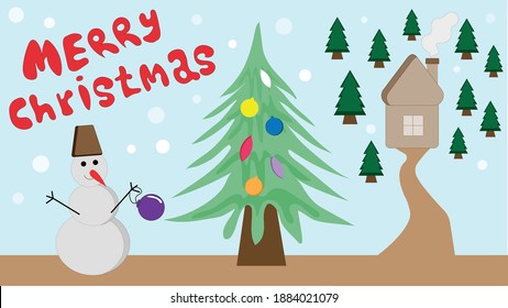 Christmas card. The postcard shows a Christmas tree, a snowman, a house and a forest with snow.