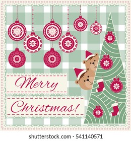 Christmas card, postcard with Christmas tree, balls and teddy bears in Santa hat. Pattern for winter holiday design, Embroidery stylization. Merry Christmas text. brown bear cubs