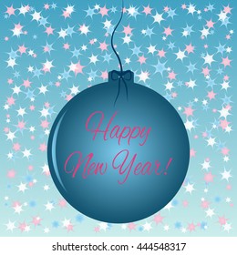 Christmas card, poster. Background colorful snowflakes in form of abstract stars. Christmas ball, ribbon, bow, text Happy New Year!