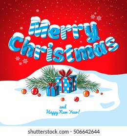 Christmas card poster banner with ice letters, fir branches, gifts and candies on a red background. 