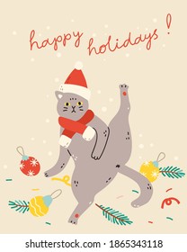 Christmas card, poster or banner template with an adorable British shorthair cat in festive costume. Vector illustration for winter holidays in trendy hand drawn style.