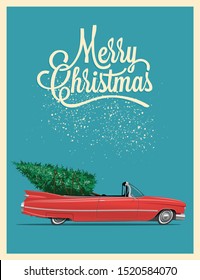 Christmas card or poster design with retro red cartoon cabriolet car with christmas tree on board. Template for new year party or event invitation or flyer. Vintage styled vector illustration.