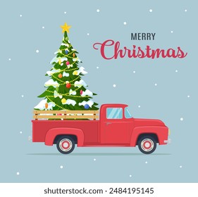 Christmas card or poster design with retro red pickup truck with christmas tree on board. Template for new year party or event invitation or flyer. Vector illustration in flat style