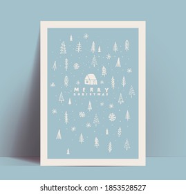 Christmas card or poster design template with white hand drawn elements such as pine and fir trees and small house and Merry Christmas lettering on blue background. Vintage styled vector illustration