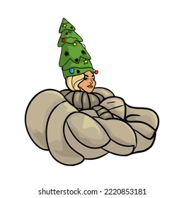 Christmas card or poster with a girl dressed as a Christmas tree and celebrating the new year, vector illustration. Postcard A girl in a coat and boots carries a Christmas tree in her hands. 
