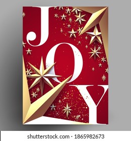 Christmas card or poster or greeting card or menu cover design template with Joy word surrounded golden christmas decorations on red background. Vector illustration