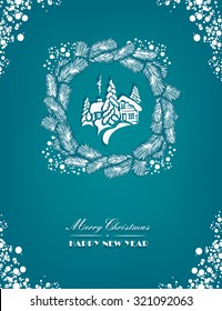 Christmas card, poster, invitation with fir branches and home in the snow on a turquoise, aqua background. Modern design. Vector illustration