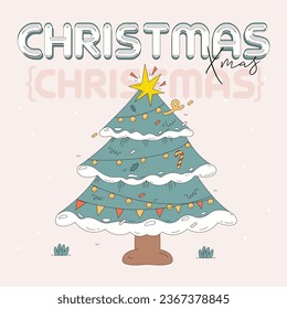 Christmas card, poster, invitation with Christmas tree, Merry Christmas and Happy New Year greetings in retro style