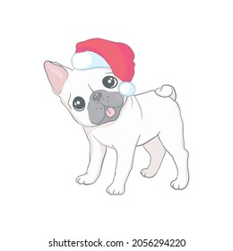 Christmas card. Poster of portrait bulldog in a Santa's hat. Vector illustration.