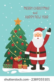 Christmas card or poster Santa Claus waving hand, bagful of gifts, Christmas tree, snow and text Merry Christmas and Happy New Year on blue background. Flat cartoon vector illustration.