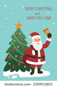 Christmas card or poster Santa Claus rings the bell, Christmas tree, snow and text Merry Christmas and Happy New Year on blue background. Flat cartoon vector illustration.