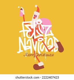 Christmas card or poster template with Santa Claus sprays Feliz Navidad holding spray can. Spanish translate - Merry Christmas. Handwritten textured sprayed phrase. Trendy Retro vector design