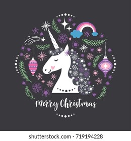 Christmas card, poster, unicorn with snowly mane