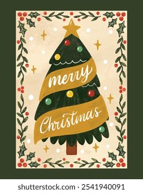 Christmas Card Poster with Watercolor Tree and Decorative Border